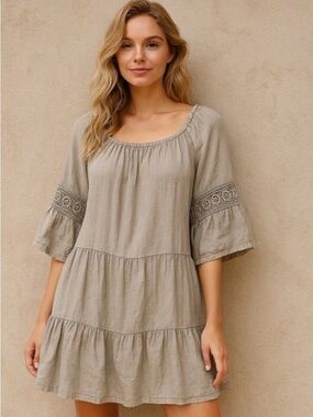 Terzo Millennio made in Italy Peasant Mini Dress in Taupe Small